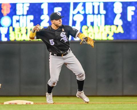 Sep 2, 2016; Minneapolis, MN, USA; Chicago White Sox second baseman Carlos Sanchez (5) completes a double play to finish the game against the Minnesota Twins during the ninth inning at Target Field. The White Sox won 11-4. Mandatory Credit: Jeffrey Becker-USA TODAY Sports