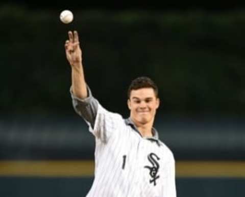 Sep 12, 2016; Chicago, IL, USA; Chicago White Sox prospect Zack Burdi throws out a ceremonial first pitch prior to a game against the Cleveland Indians at U.S. Cellular Field. Mandatory Credit: Patrick Gorski-USA TODAY Sports