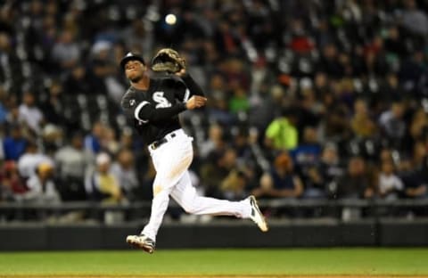 Oct 1, 2016; Chicago, IL, USA; Chicago White Sox shortstop Tim Anderson (12) attempts to throw out Minnesota Twins first baseman James Beresford (not pictured) during the seventh at U.S. Cellular Field. Mandatory Credit: Patrick Gorski-USA TODAY Sports