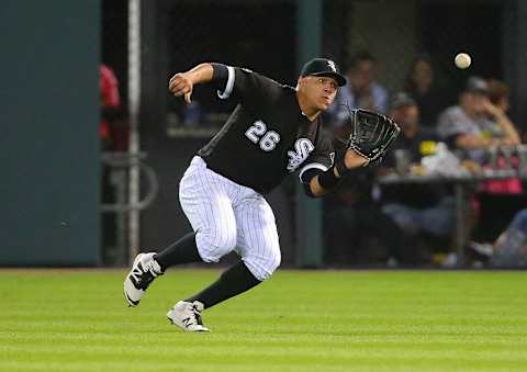 Sep 10, 2016; Chicago, IL, USA; Chicago White Sox left fielder Avisail Garcia (26) catches a fly ball off the bat of Kansas City Royals center fielder Jarrod Dyson (not pictured) during the fifth inning at U.S. Cellular Field. Mandatory Credit: Dennis Wierzbicki-USA TODAY Sports