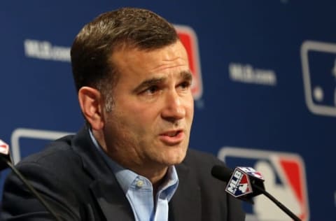 Dec 6, 2016; National Harbor, MD, USA; Chicago White Sox general manager Rick Hahn speaks with the media after the White Sox traded pitcher Chris Sale (not pictured) to the Boston Red Sox on day two of the 2016 Baseball Winter Meetings at Gaylord National Resort & Convention Center. Mandatory Credit: Geoff Burke-USA TODAY Sports