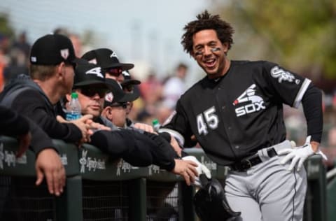 SCOTTSDALE, ARIZONA – FEBRUARY 25: Jon Jay #45 of the Chicago White Sox smiles while talking to teammates during the spring game against the San Francisco Giants at Scottsdale Stadium on February 25, 2019 in Scottsdale, Arizona. (Photo by Jennifer Stewart/Getty Images)