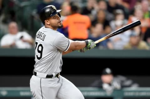 BALTIMORE, MD – APRIL 24: Jose Abreu #79 of the Chicago White Sox drives in a run with a double in the third inning against the Baltimore Orioles at Oriole Park at Camden Yards on April 24, 2019 in Baltimore, Maryland. (Photo by Greg Fiume/Getty Images)