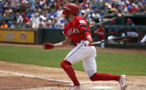 ARLINGTON, TX – JUNE 2: Hunter Pence #24 of the Texas Rangers singles against the Kansas City Royals during the second inning at Globe Life Park in Arlington on June 2, 2019, in Arlington, Texas. (Photo by Ron Jenkins/Getty Images)