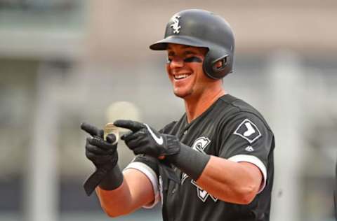 CLEVELAND, OHIO – MAY 07: James McCann #33 of the Chicago White Sox celebrates after hitting a single during the first inning against the Cleveland Indians at Progressive Field on May 07, 2019 in Cleveland, Ohio. (Photo by Jason Miller/Getty Images)