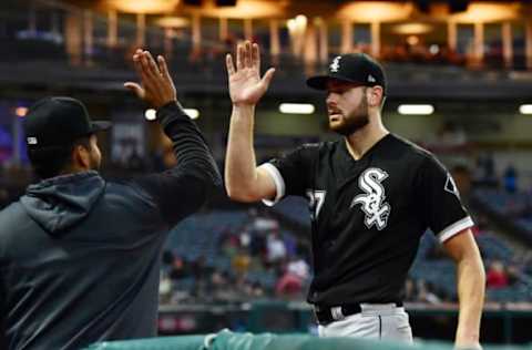 CLEVELAND, OHIO – MAY 07: Starting pitcher Lucas Giolito #27 of the Chicago White Sox celebrates after leaving the game during the eighth inning against the Cleveland Indians at Progressive Field on May 07, 2019 in Cleveland, Ohio. (Photo by Jason Miller/Getty Images)