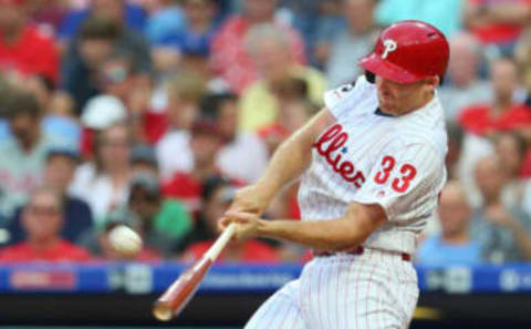 PHILADELPHIA, PA – JULY 16: Brad Miller #33 of the Philadelphia Phillies hits a two-run home run against the Los Angeles Dodgers during the second inning of a baseball game at Citizens Bank Park on July 16, 2019, in Philadelphia, Pennsylvania. (Photo by Rich Schultz/Getty Images)