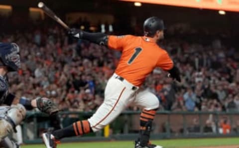 SAN FRANCISCO, CA – AUGUST 30: Kevin Pillar #1 of the San Francisco Giants hits a sacrifice fly scoring Evan Longoria against the San Diego Padres in the bottom of the seventh inning at Oracle Park on August 30, 2019, in San Francisco, California. The Giants won the game 8-3. (Photo by Thearon W. Henderson/Getty Images)