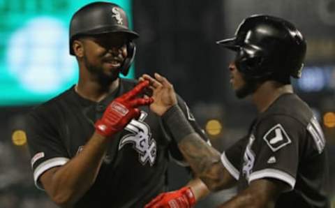 CHICAGO, ILLINOIS – SEPTEMBER 10: Eloy Jimenez #74 of the Chicago White Sox (L) celebrates with Tim Anderson #7 after hitting a grand slam home run in the 1st inning against the Kansas City Royals at Guaranteed Rate Field on September 10, 2019 in Chicago, Illinois. (Photo by Jonathan Daniel/Getty Images)