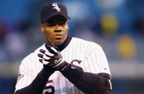 CHICAGO – APRIL 4: Frank Thomas #35 of the Chicago White Sox looks on during the game against the Detroit Tigers on April 4, 2003 at U.S. Cellular Field in Chicago, Illinois. The White Sox won 5-2. (Photo by Jonathan Daniel/Getty Images)