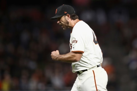 SAN FRANCISCO, CA – AUGUST 28: Madison Bumgarner #40 of the San Francisco Giants reacts after the Giants got the final out of the sixth inning, in which the Arizona Diamondbacks had the bases loaded but were unable to score, at AT&T Park on August 28, 2018 in San Francisco, California. (Photo by Ezra Shaw/Getty Images)