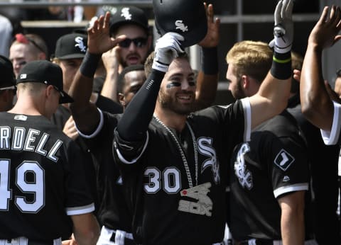 CHICAGO, IL – SEPTEMBER 03: Nicky Delonico #30 of the Chicago White Sox is greeted in the dugout after hitting a home run against the Detroit Tigers during the first inning on September 3, 2018 at Guaranteed Rate Field in Chicago, Illinois. (Photo by David Banks/Getty Images)