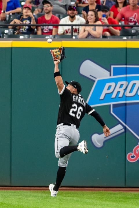 CLEVELAND, OH – SEPTEMBER 18: Right fielder Avisail Garcia #26 of the Chicago White Sox catches a fly ball hit by Yandy Diaz #36 of the Cleveland Indians to end the third inning at Progressive Field on September 18, 2018 in Cleveland, Ohio. (Photo by Jason Miller/Getty Images)