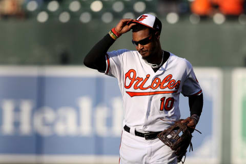 BALTIMORE, MD – SEPTEMBER 30: Adam Jones #10 of the Baltimore Orioles waves to crowd after being pulled from the game in the ninth inning against the Houston Astros at Oriole Park at Camden Yards on September 30, 2018 in Baltimore, Maryland. (Photo by Rob Carr/Getty Images)