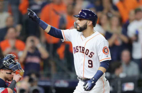 HOUSTON, TX – OCTOBER 18: Marwin Gonzalez #9 of the Houston Astros celebrates after hitting a solo home run in the seventh inning against the Boston Red Sox during Game Five of the American League Championship Series at Minute Maid Park on October 18, 2018 in Houston, Texas. (Photo by Elsa/Getty Images)