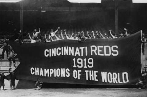 A banner reading ‘Cincinnati Reds 1919 Champions of the World’, after the team won the 1919 World Series. The event led to the infamous Black Sox Scandal, in which members of the Chicago White Sox were accused of throwing the game in exchange for money. (Photo by FPG/Getty Images)