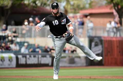 SCOTTSDALE, ARIZONA – FEBRUARY 25: Yoan Moncada #10 of the Chicago White Sox throws the ball to make an out against the San Francisco Giants during the spring game at Scottsdale Stadium on February 25, 2019 in Scottsdale, Arizona. (Photo by Jennifer Stewart/Getty Images)