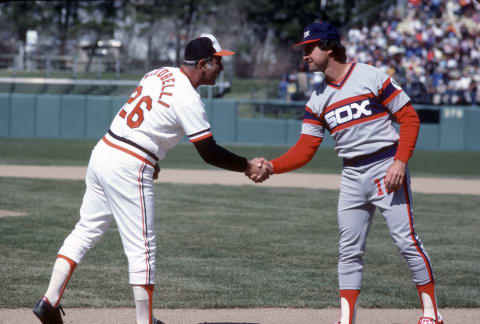 Joe Altobelli of the Baltimore Orioles, L, and Tony LaRussa of the Chicago White Sox. (Photo by Focus on Sport/Getty Images)