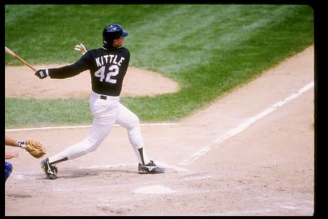 Designated hitter Ron Kittle of the Chicago White Sox swings at the ball.