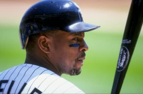 12 Sep 1998: A portrait of Albert Belle #8 of the Chicago White Sox taken as he stands at bat during a game against the Oakland Athletics at Comiskey Park in Chicago, Illinois.The White Sox defeated the A”s 2-0