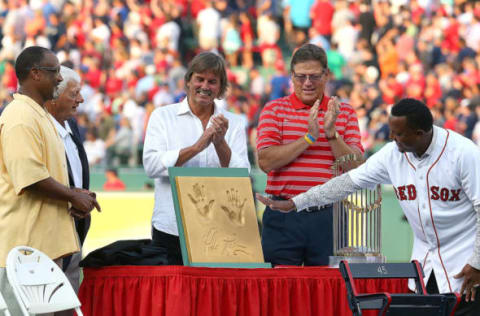 BOSTON, MA – JULY 28: Hall of Famers Jim Rice, Carl Yastrzemski, Dennis Eckersley, and Carlton Fisk present Pedro Martinez a cast of his hands during a ceremony in his honor at Fenway Park on July 28, 2015 in Boston, Massachusetts. (Photo by Jim Rogash/Getty Images)