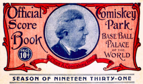 A Comiskey Park scorecard from 1931, bearing the image of Chicago White Sox owner Charles Comiskey. (Photo Reproduction by Transcendental Graphics/Getty Images)