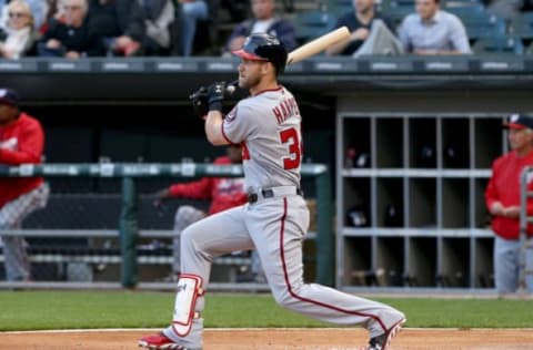 CHICAGO, IL – JUNE 7: Bryce Harper #34 of the Washington Nationals lines out in the first inning against the Chicago White Sox at U.S. Cellular Field on June 7, 2016 in Chicago, Illinois. (Photo by Dylan Buell/Getty Images)