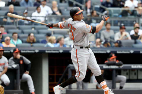 NEW YORK, NY – APRIL 30: Manny Machado #13 of the Baltimore Orioles watches his hit against the New York Yankees on April 30, 2017 at Yankee Stadium in the Bronx borough of New York City. (Photo by Elsa/Getty Images)