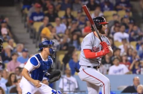 LOS ANGELES, CA – JUNE 05: Bryce Harper #34 of the Washington Nationals singles to score Trea Turner #7, for a 4-0 lead in front of Austin Barnes #15 of the Los Angeles Dodgers during the fifth inning at Dodger Stadium on June 5, 2017 in Los Angeles, California. (Photo by Harry How/Getty Images)