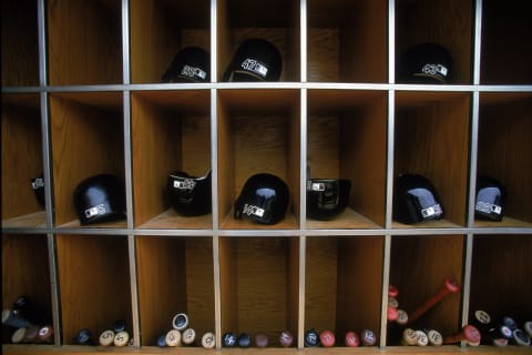 26 Jul 2000: A general view of the storage units for the hats and the bats during the game between the Chicago White Sox and the Kansas City Royals at Comiskey Park in Chicago, Illinios. The Royals defeated the White Sox 7-6.Mandatory Credit: Donald Miralle /Allsport