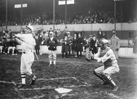 Johnny Mostil (L) of the Chicago White Sox during a 1924 demonstration baseball game at London’s Wembley Stadium. (Photo by Mark Rucker/Transcendental Graphics, Getty Images)