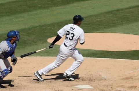 CHICAGO – APRIL 7: Jermaine Dye #23 of the Chicago White Sox makes a hit against the Kansas City Royals during the Opening Day game on April 7, 2009 at U.S. Cellular Field in Chicago, Illinois. (Photo by Jonathan Daniel/Getty Images)