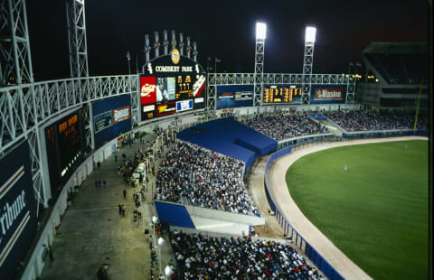 CHICAGO – SEPTEMBER 1993: A general view of the field and scoreboard at Comiskey Park circa September 1993 in Chicago, Illinois. (Photo by Jonathan Daniel/Getty Images)