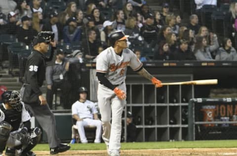 CHICAGO, IL – MAY 21: Manny Machado #13 of the Baltimore Orioles hits a home run against the Chicago White Sox during the fourth inning on May 21, 2018 at Guaranteed Rate Field in Chicago, Illinois. (Photo by David Banks/Getty Images)