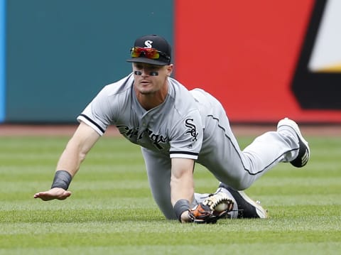 CLEVELAND, OH – JUNE 20: Adam Engel #15 of the Chicago White Sox makes a diving catch to get out Tyler Naquin #30 of the Cleveland Indians during the fifth inning at Progressive Field on June 20, 2018 in Cleveland, Ohio. The Indians defeated the White Sox 12-0. (Photo by Ron Schwane/Getty Images)