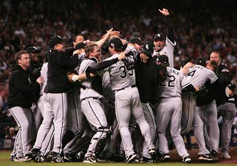 HOUSTON – OCTOBER 26: The Chicago White Sox celebrate after winning Game Four of the 2005 Major League Baseball World Series against the Houston Astros at Minute Maid Park on October 26, 2005 in Houston, Texas. The Chicago White Sox defeated the Houston Astros 1-0 to win the World Series 4 games to 0. (Photo by Jed Jacobsohn/Getty Images)