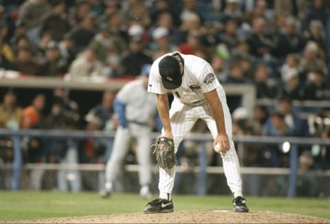 12 Oct 1993: Pitcher Scott Radinsky of the Chicago White Sox stands on the mound with his head down after a home run during a playoff game against the Toronto Blue Jays at Comiskey Park in Chicago, Illinios. Mandatory Credit: Jonathan Daniel /Allsport