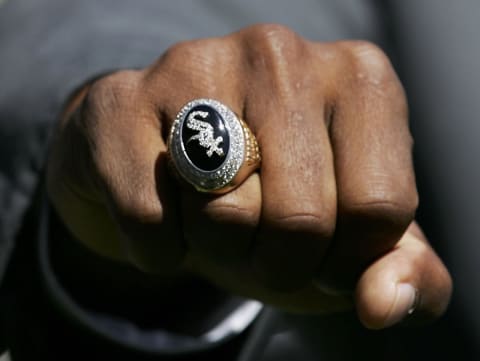 CHICAGO – APRIL 04: General Manager Ken Williams of the Chicago White Sox shows off his World Series Championship ring during ceremonies prior to the start of a game against the Cleveland Indians on April 4, 2006 at U.S. Cellular Field in Chicago, Illinois. (Photo by Jonathan Daniel/Getty Images)