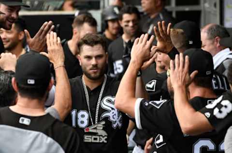 CHICAGO, IL – SEPTEMBER 03: Daniel Palka #18 of the Chicago White Sox is greeted by his teammates after hitting a home run against the Detroit Tigers during the ninth inning on September 3, 2018 at Guaranteed Rate Field in Chicago, Illinois. The White Sox won 4-2. (Photo by David Banks/Getty Images)