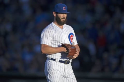 Jun 6, 2017; Chicago, IL, USA; Chicago Cubs starting pitcher Jake Arrieta (49) walks off the field after ending the top of the first inning against the Miami Marlins at Wrigley Field. Mandatory Credit: Patrick Gorski-USA TODAY Sports