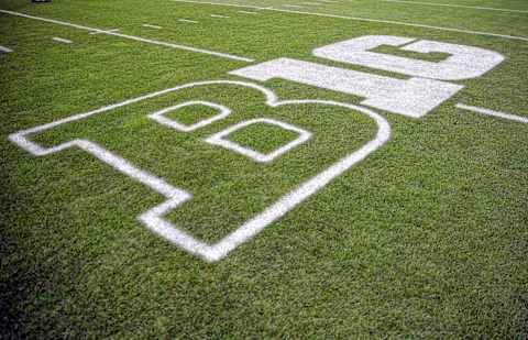 Oct 24, 2015; East Lansing, MI, USA; General view of Big Ten logo on field prior to a game between the Michigan State Spartans and the Indiana Hoosiers at Spartan Stadium. Mandatory Credit: Mike Carter-USA TODAY Sports