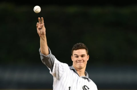 Sep 12, 2016; Chicago, IL, USA; Chicago White Sox prospect Zack Burdi throws out a ceremonial first pitch prior to a game against the Cleveland Indians at U.S. Cellular Field. Mandatory Credit: Patrick Gorski-USA TODAY Sports