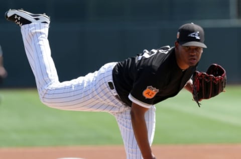 Mar 20, 2017; Phoenix, AZ, USA; Chicago White Sox starting pitcher Reynaldo Lopez (40) throws in the first inning during a spring training game against the San Francisco Giants at Camelback Ranch. Mandatory Credit: Rick Scuteri-USA TODAY Sports