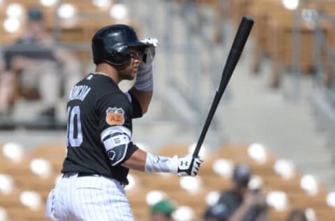 Feb 28, 2017; Phoenix, AZ, USA; Chicago White Sox second baseman Yoan Moncada (10) bats in the second inning against the Seattle Mariners at Camelback Ranch. Mandatory Credit: Joe Camporeale-USA TODAY Sports