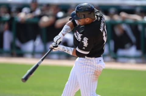 Feb 28, 2017; Phoenix, AZ, USA; Chicago White Sox second baseman Yoan Moncada (10) hits a pitch in the fourth inning against the Seattle Mariners at Camelback Ranch. Mandatory Credit: Joe Camporeale-USA TODAY Sports