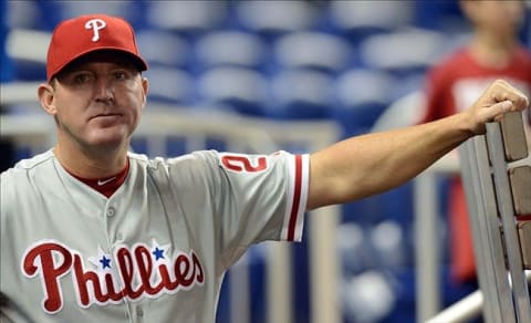 June 29, 2012; Miami, FL, USA; Philadelphia Phillies first baseman Jim Thome (25) looks on from the dugout during the first inning against the Miami Marlins at Marlins Park. Mandatory Credit: Steve Mitchell-US PRESSWIRE