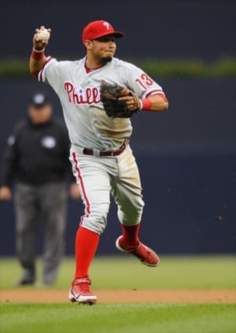 April 21, 2012; San Diego, CA, USA; Philadelphia Phillies second baseman Freddy Galvis (13) against the San Diego Padres at Petco Park. Mandatory Credit: Christopher Hanewinckel-USA TODAY Sports