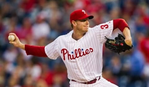 Apr 24, 2013; Philadelphia, PA, USA; Philadelphia Phillies pitcher Roy Halladay (34) delivers to the plate during the first inning against the Pittsburgh Pirates at Citizens Bank Park. Mandatory Credit: Howard Smith-USA TODAY Sports