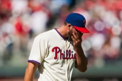 Apr 25, 2013; Philadelphia, PA, USA; Philadelphia Phillies pitcher Phillippe Aumont (48) walks to the bench after being relieved during the eighth inning against the Pittsburgh Pirates at Citizens Bank Park. The Pirates defeated the Phillies 6-4. Mandatory Credit: Howard Smith-USA TODAY Sports