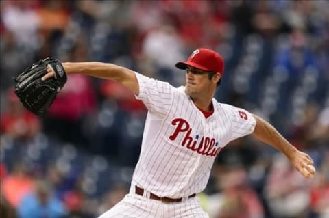 Aug 1, 2013; Philadelphia, PA, USA; Philadelphia Phillies pitcher Cole Hamels (35) delivers to the plate during the first inning against the San Francisco Giants at Citizens Bank Park. Mandatory Credit: Howard Smith-USA TODAY Sports